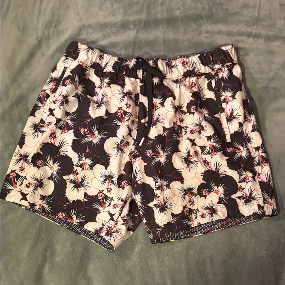 Robert Graham Black and White Hibiscus Swim Trunks